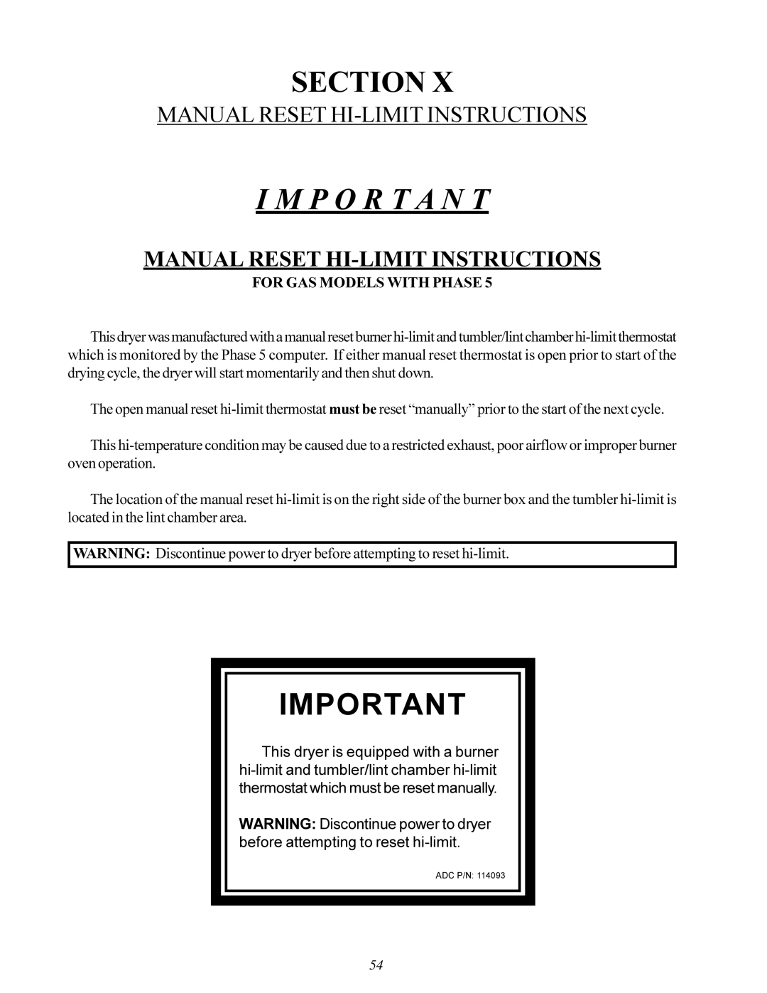 American Dryer ML-200 manual P O R T a N T, Manual Reset HI-LIMIT Instructions 