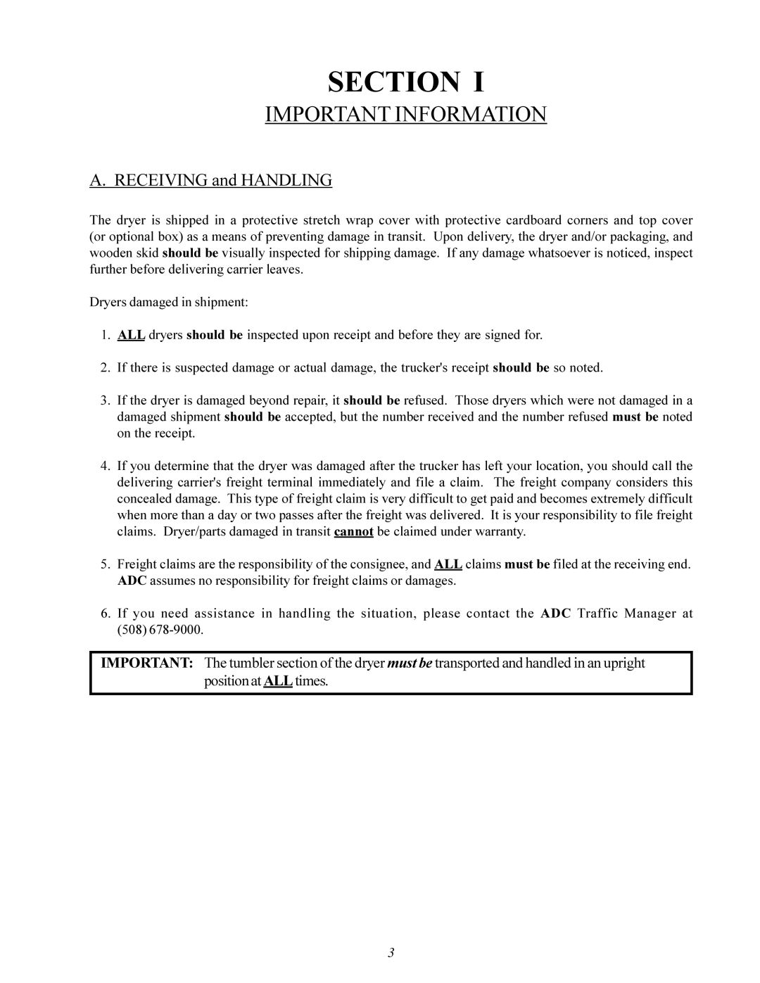 American Dryer ML-200 manual Section, Important Information 