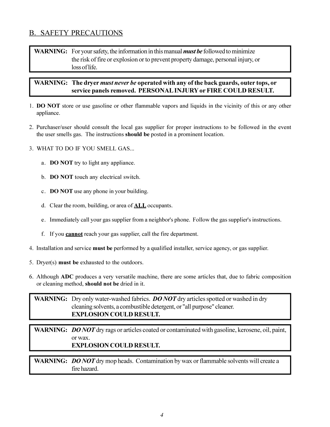 American Dryer ML-200 manual Safety Precautions, What to do if YOU Smell GAS 