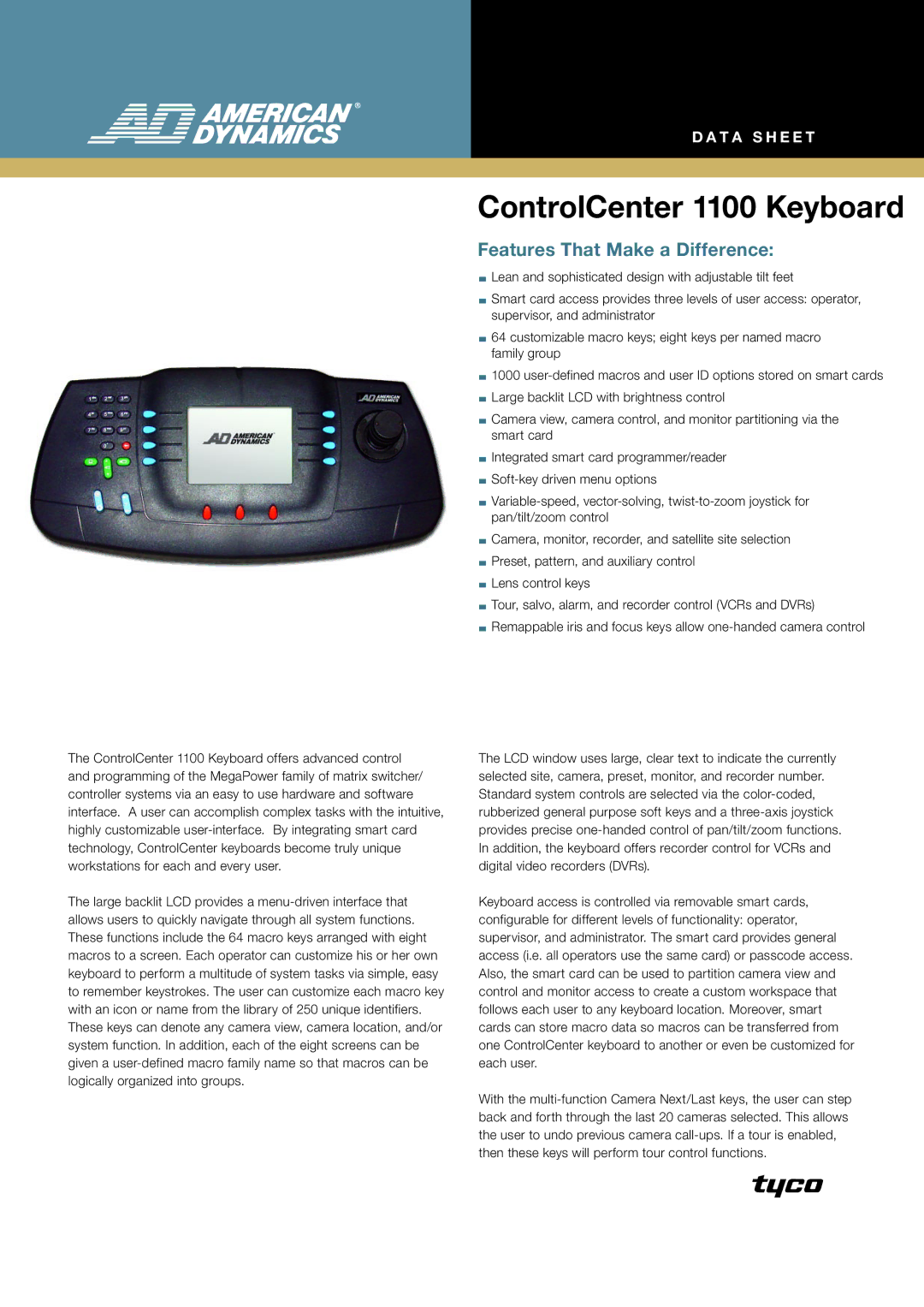 American Dynamics manual ControlCenter 1100 Keyboard, T a s h e e t 