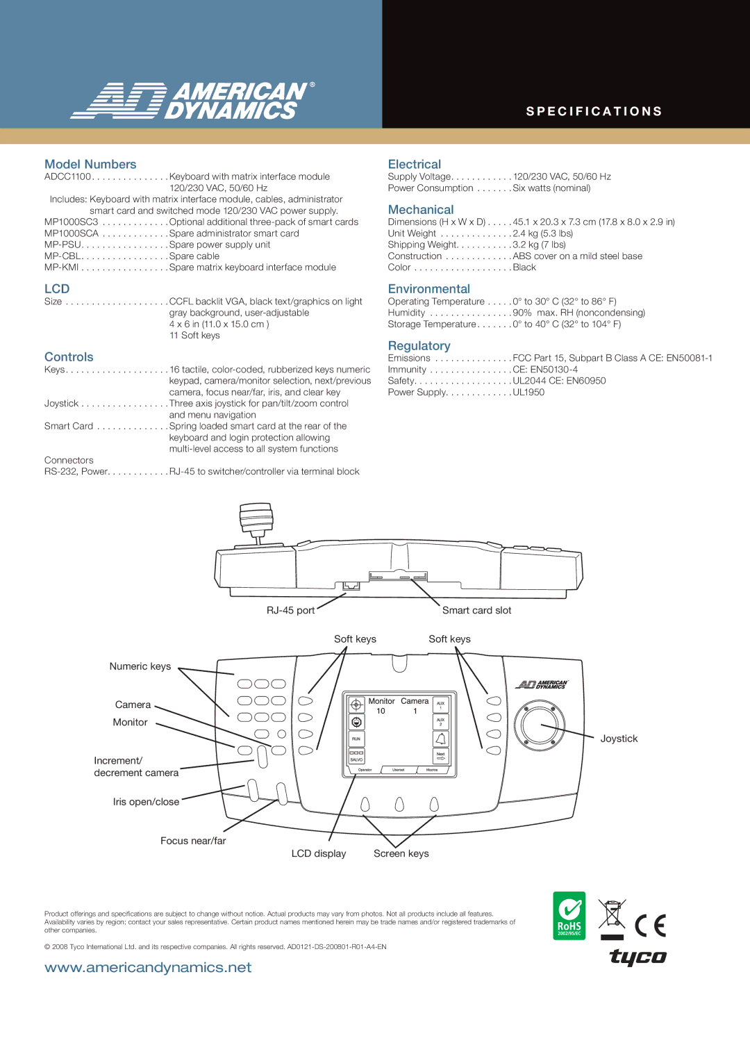 American Dynamics 1100 manual Specification s 