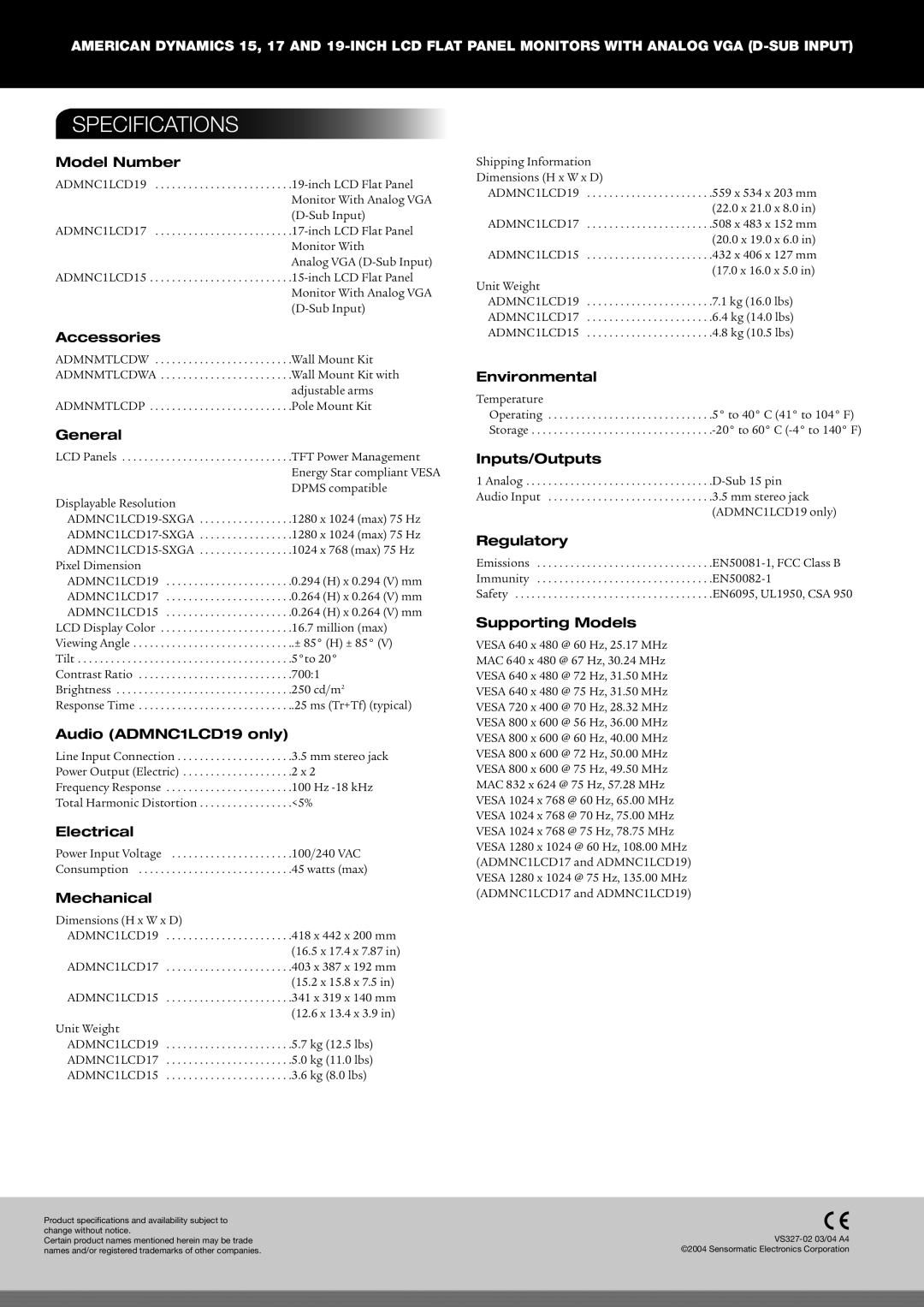 American Dynamics 15, 17 and 19-inch manual Specifications 