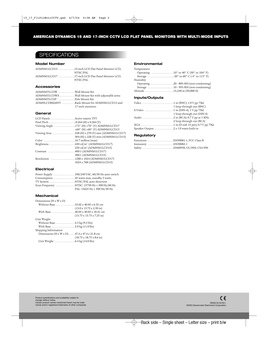 American Dynamics 15 and 17-inch CCTV Specifications, Back side - Single sheet - Letter size - print b/w, Model Number 