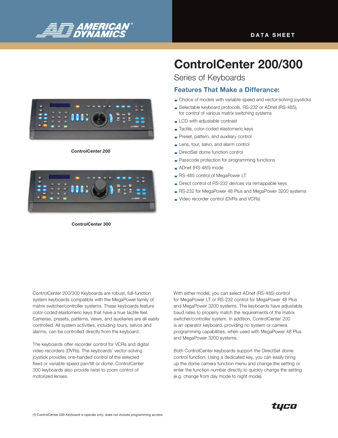 American Dynamics 200/300 Series manual T a s h e e t, ControlCenter 