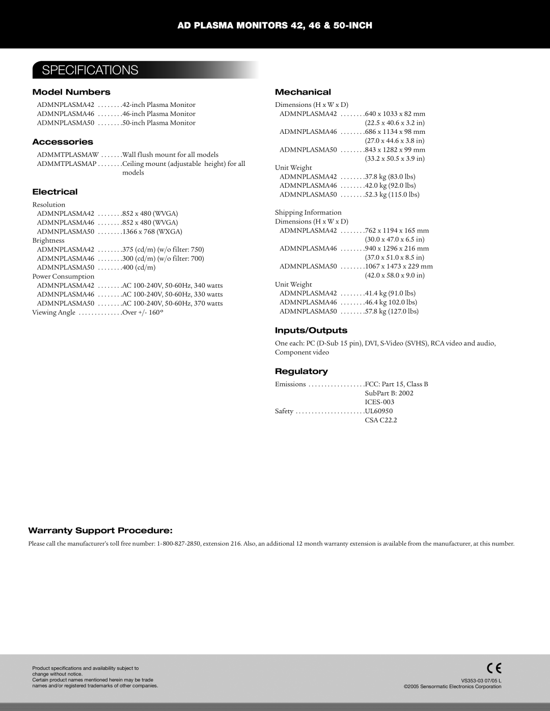 American Dynamics 42 warranty Specifications 