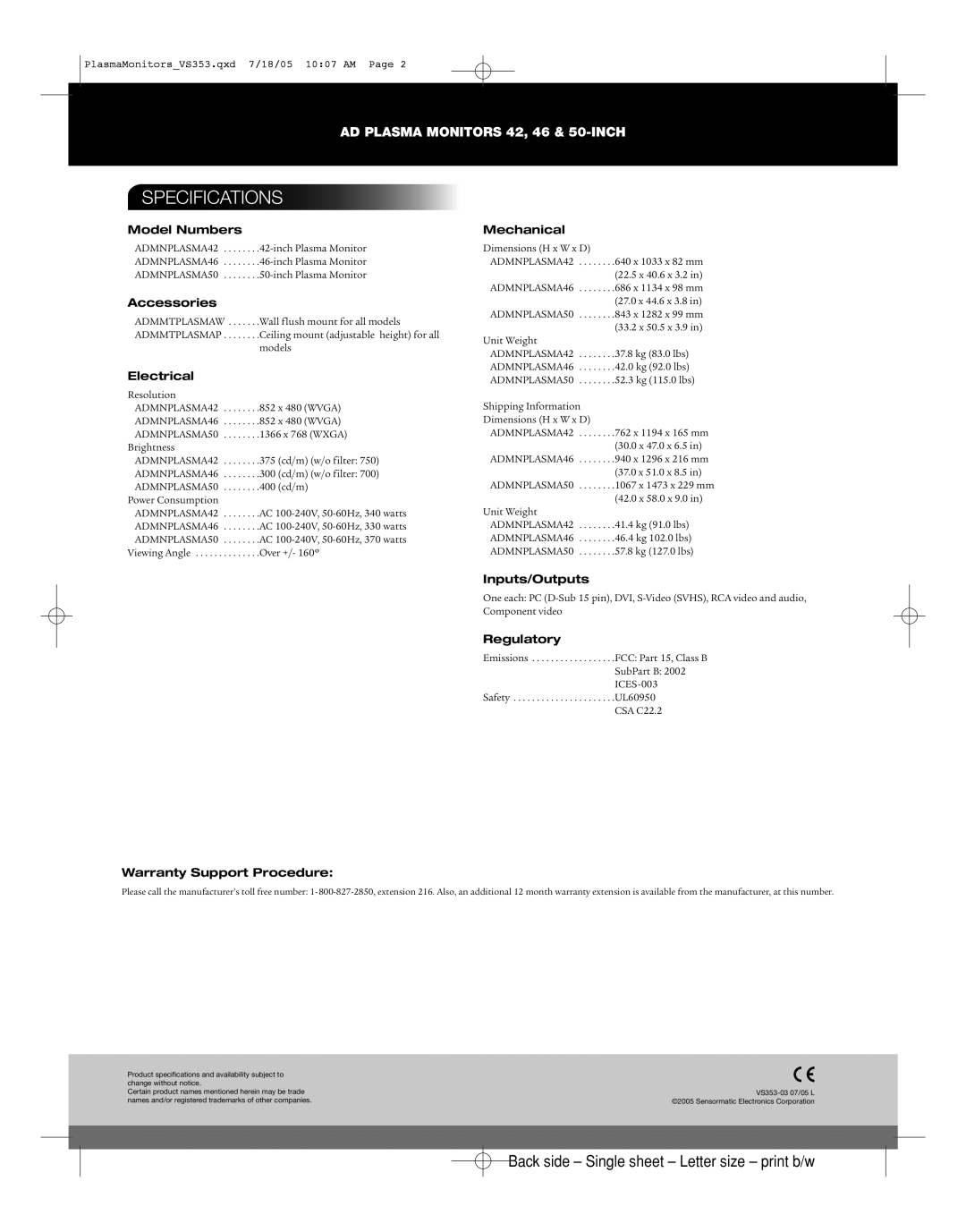 American Dynamics 46 and 50-inch warranty Specifications 