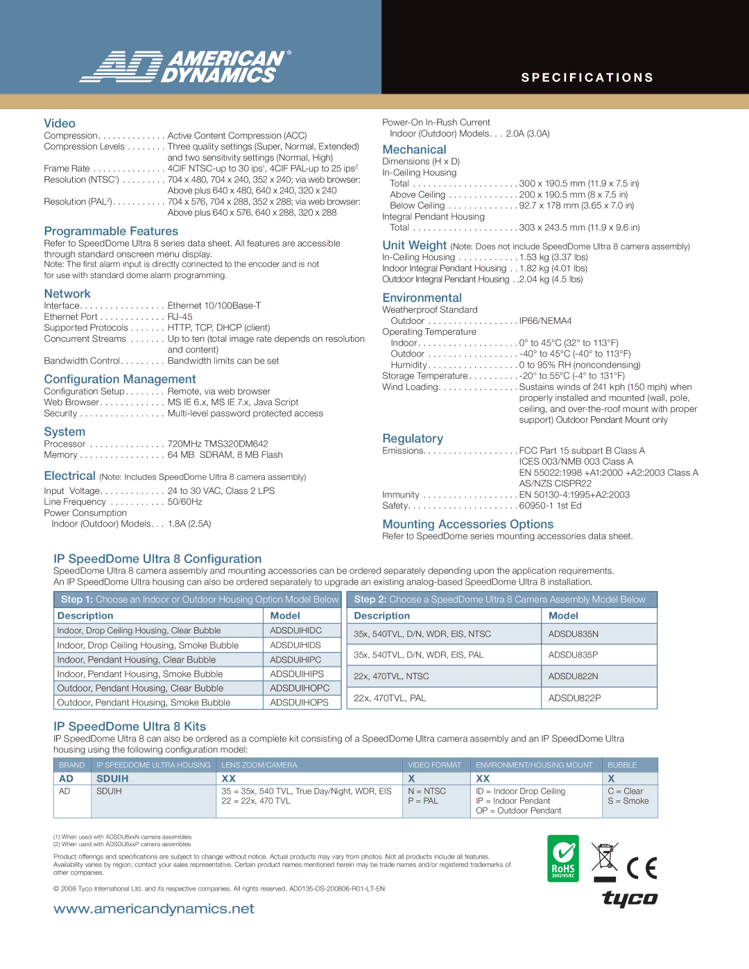 American Dynamics 8 manual Video, Programmable Features, Mechanical, Network, Configuration Management, System, Regulatory 