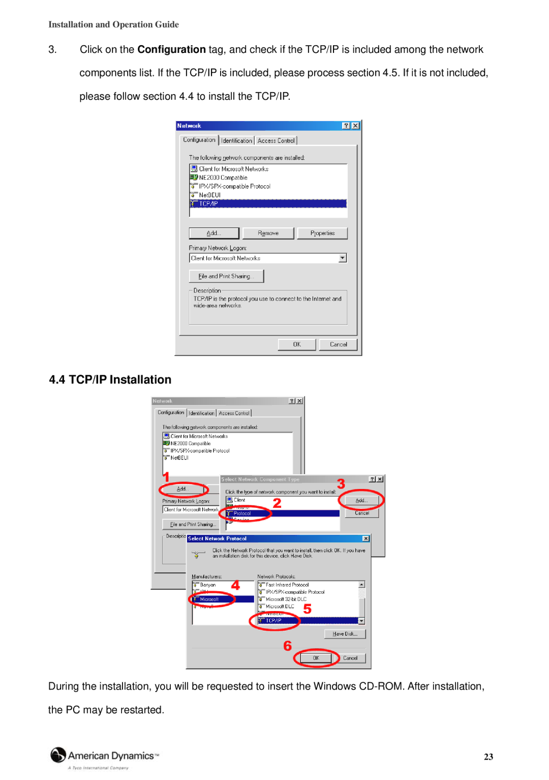 American Dynamics 8200-2646-02 B0 manual TCP/IP Installation 