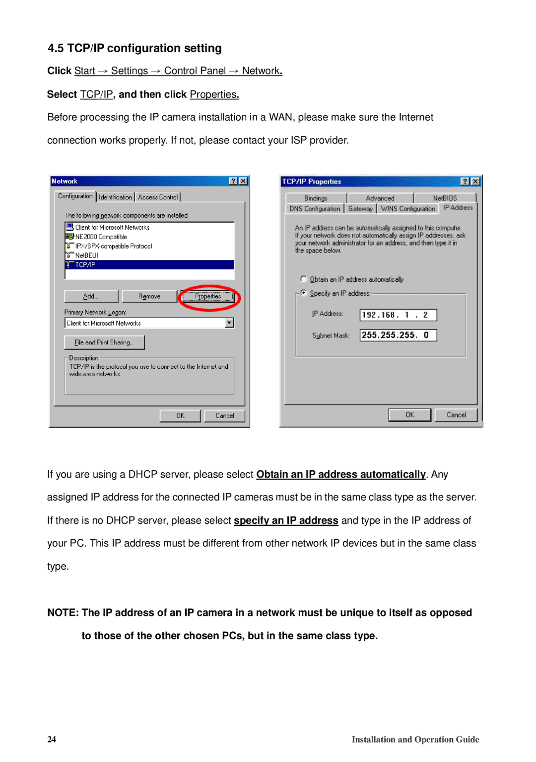 American Dynamics 8200-2646-02 B0 manual TCP/IP configuration setting, Select TCP/IP, and then click Properties 