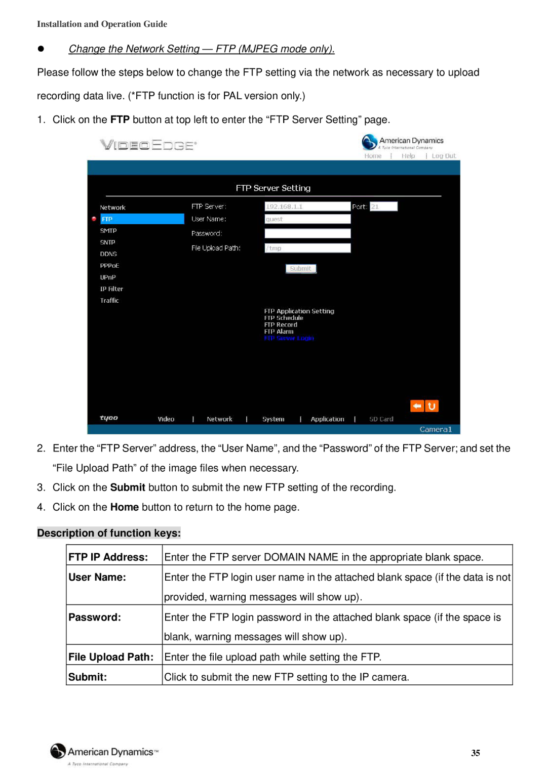 American Dynamics 8200-2646-02 B0 Change the Network Setting FTP Mjpeg mode only, User Name, Password, File Upload Path 