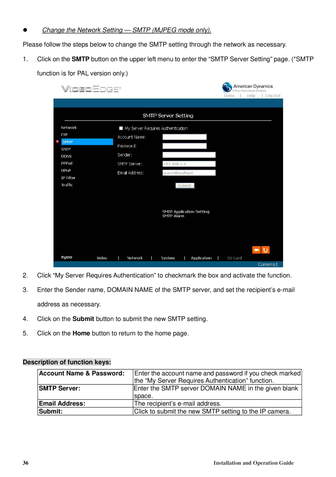 American Dynamics 8200-2646-02 B0 manual Change the Network Setting Smtp Mjpeg mode only, Smtp Server, Email Address 