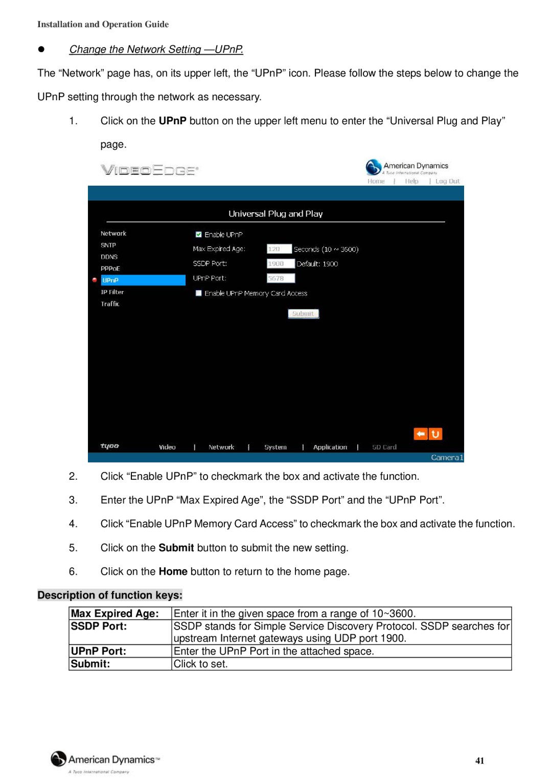 American Dynamics 8200-2646-02 B0 manual Change the Network Setting -UPnP, Upstream Internet gateways using UDP port 