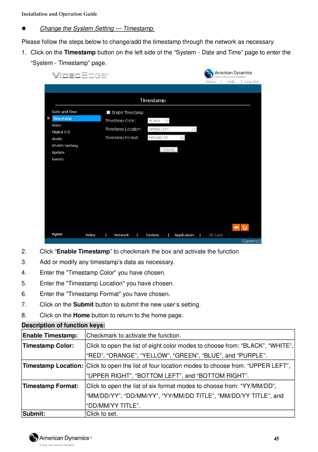 American Dynamics 8200-2646-02 B0 manual Change the System Setting Timestamp, Timestamp Format Submit 