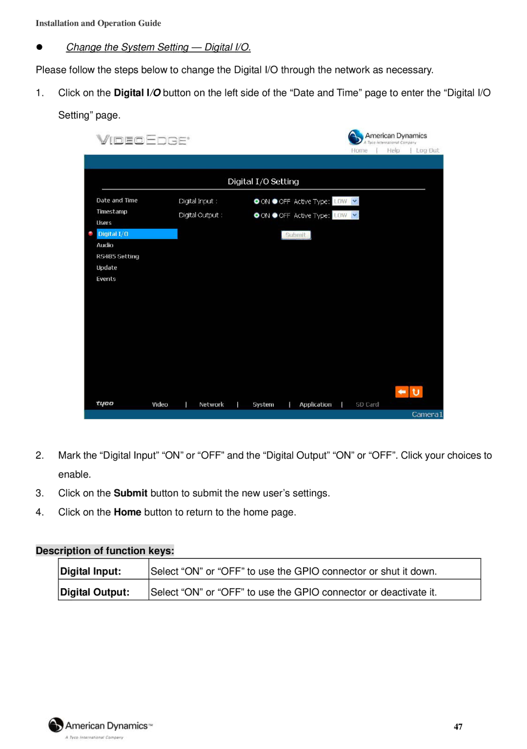 American Dynamics 8200-2646-02 B0 manual Change the System Setting Digital I/O 