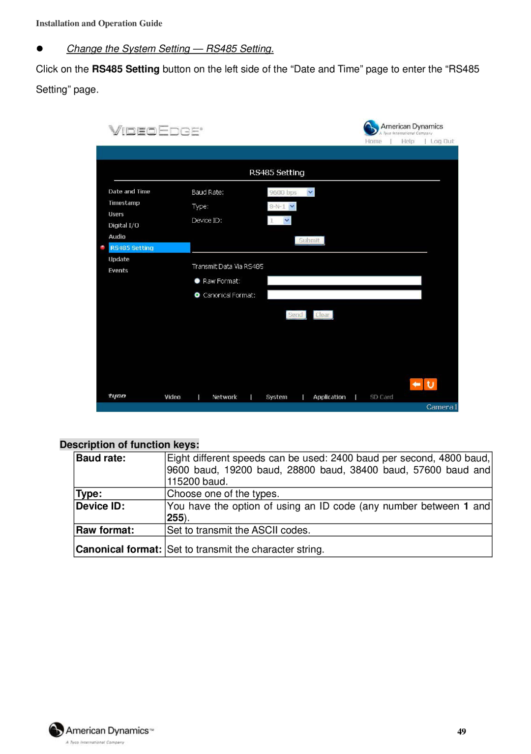 American Dynamics 8200-2646-02 B0 manual Description of function keys Baud rate, Type, Device ID, 255, Raw format 