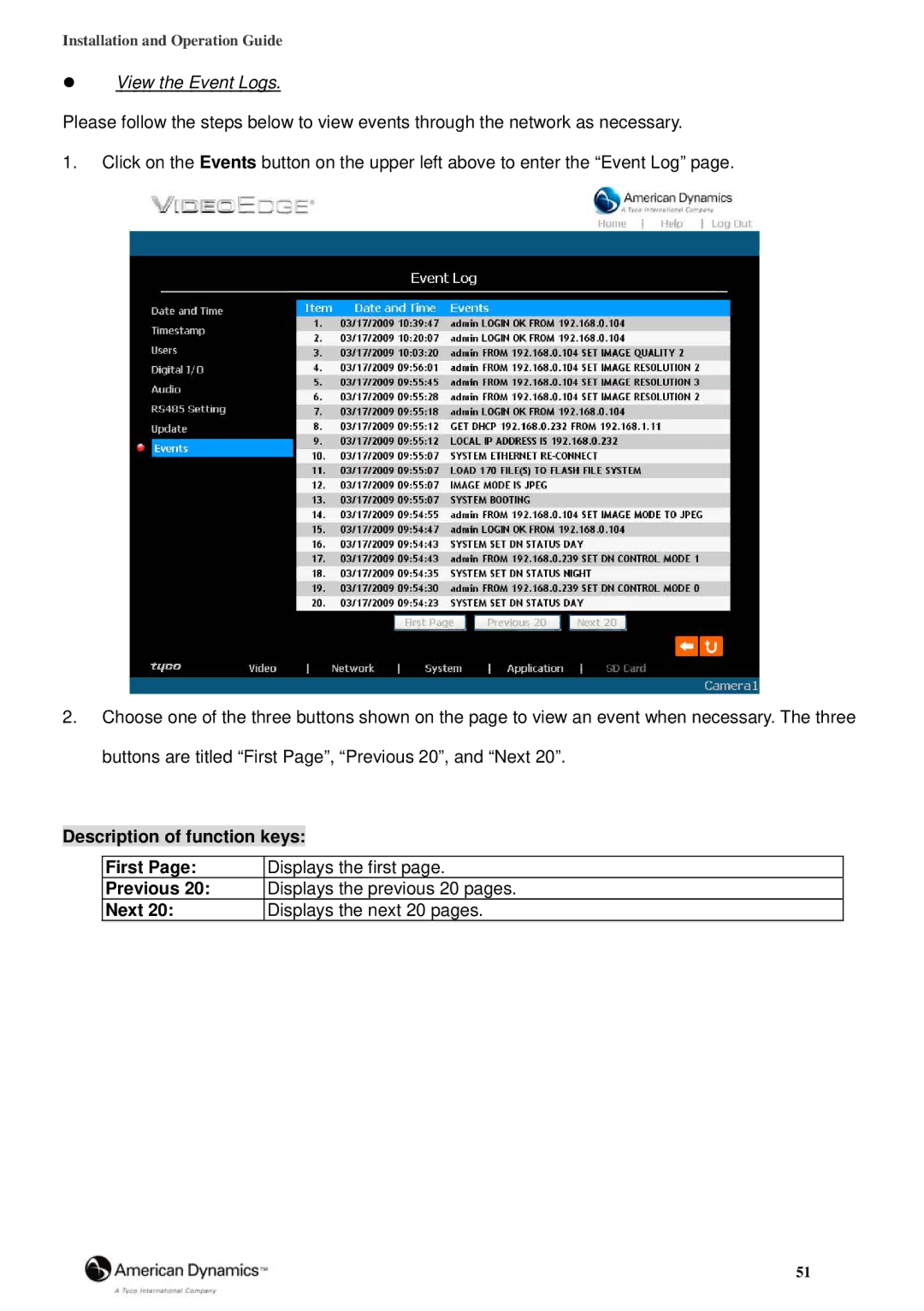 American Dynamics 8200-2646-02 B0 manual View the Event Logs, Description of function keys First Previous Next 