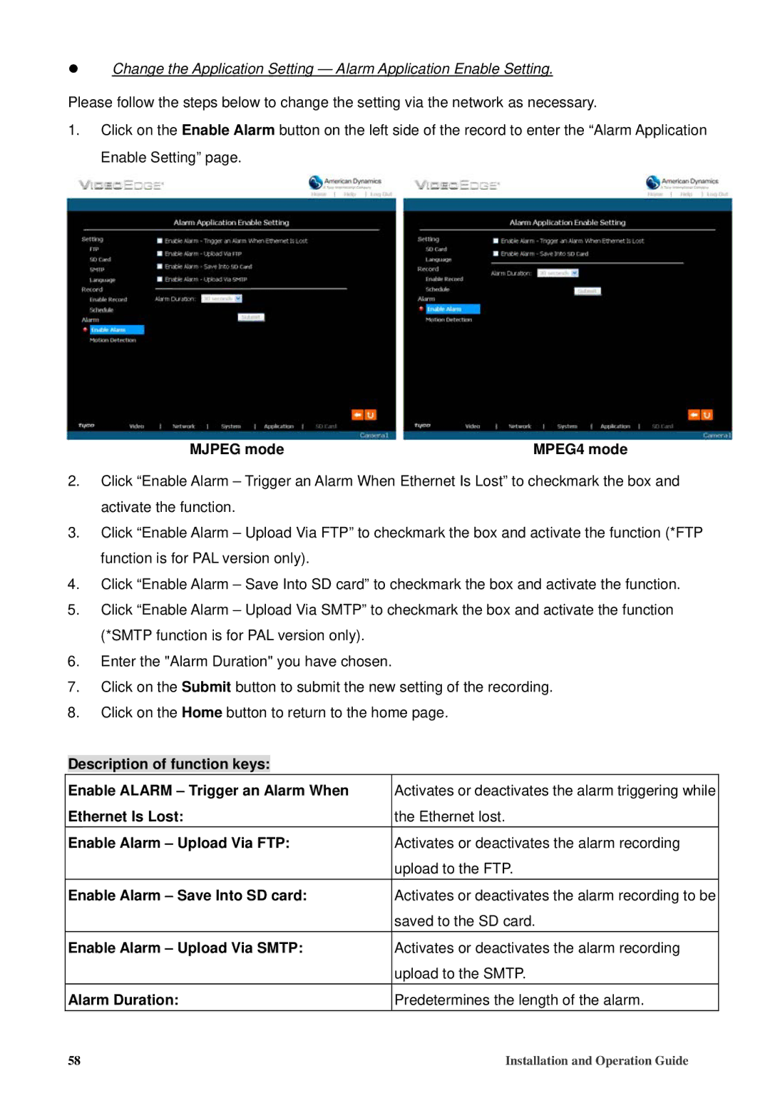 American Dynamics 8200-2646-02 B0 Mjpeg mode, Ethernet Is Lost, Enable Alarm Upload Via FTP, Enable Alarm Upload Via Smtp 