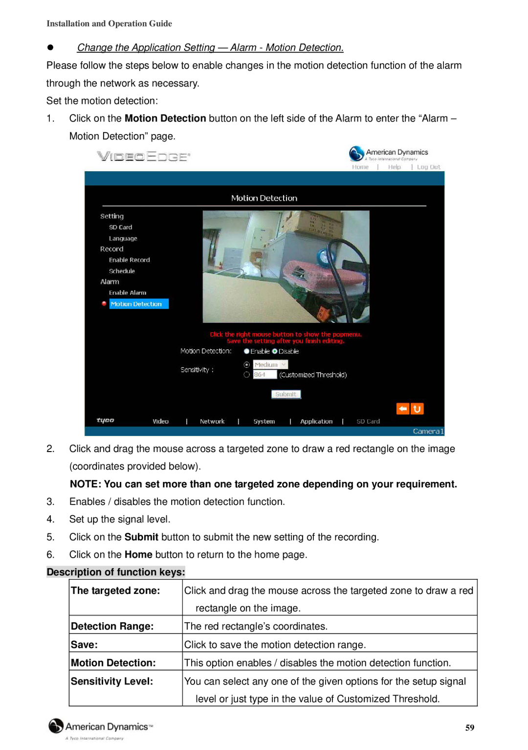 American Dynamics 8200-2646-02 B0 Description of function keys Targeted zone, Detection Range, Save, Motion Detection 