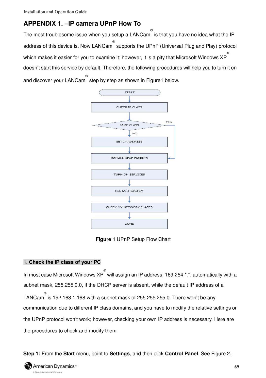 American Dynamics 8200-2646-02 B0 manual Appendix 1. -IP camera UPnP How To, Check the IP class of your PC 