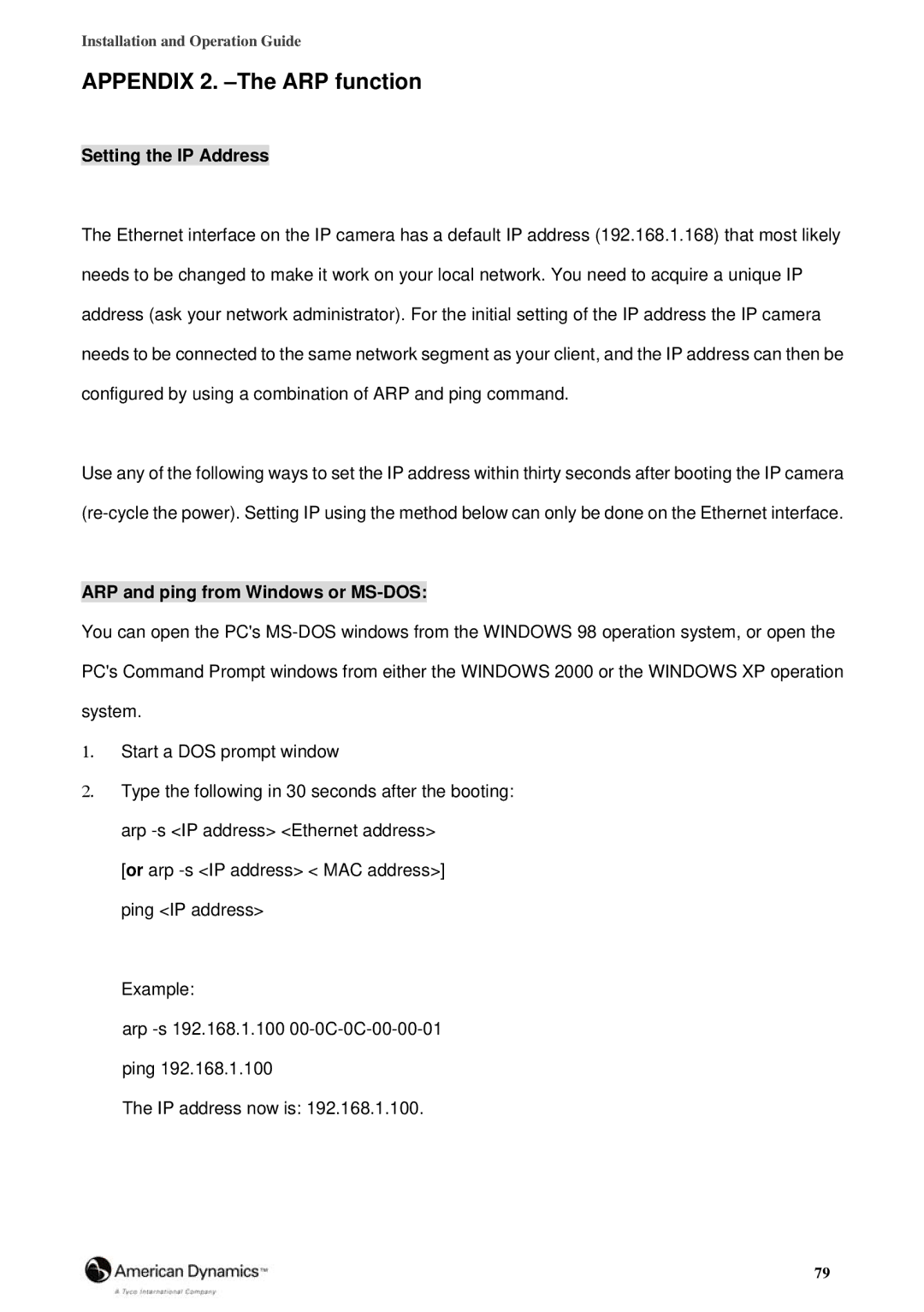 American Dynamics 8200-2646-02 B0 manual Appendix 2. -The ARP function, Setting the IP Address 