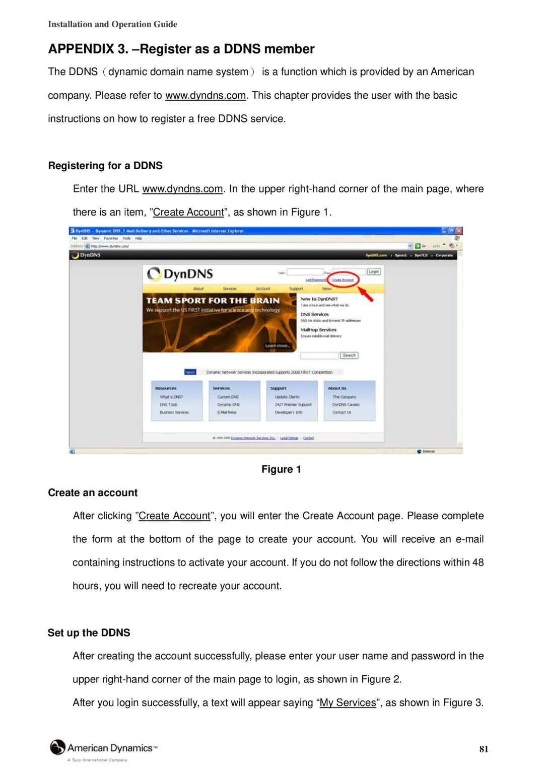 American Dynamics 8200-2646-02 B0 manual Appendix 3. -Register as a Ddns member, Registering for a Ddns Create an account 