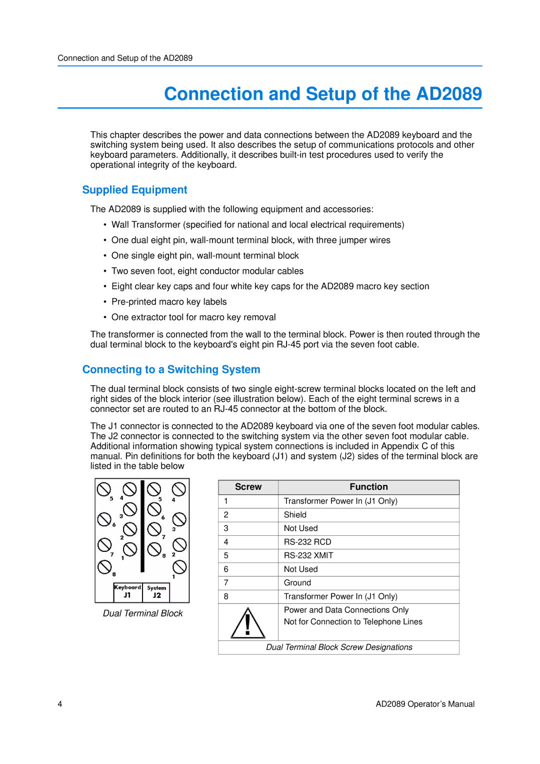 American Dynamics manual Connection and Setup of the AD2089, Supplied Equipment, Connecting to a Switching System 