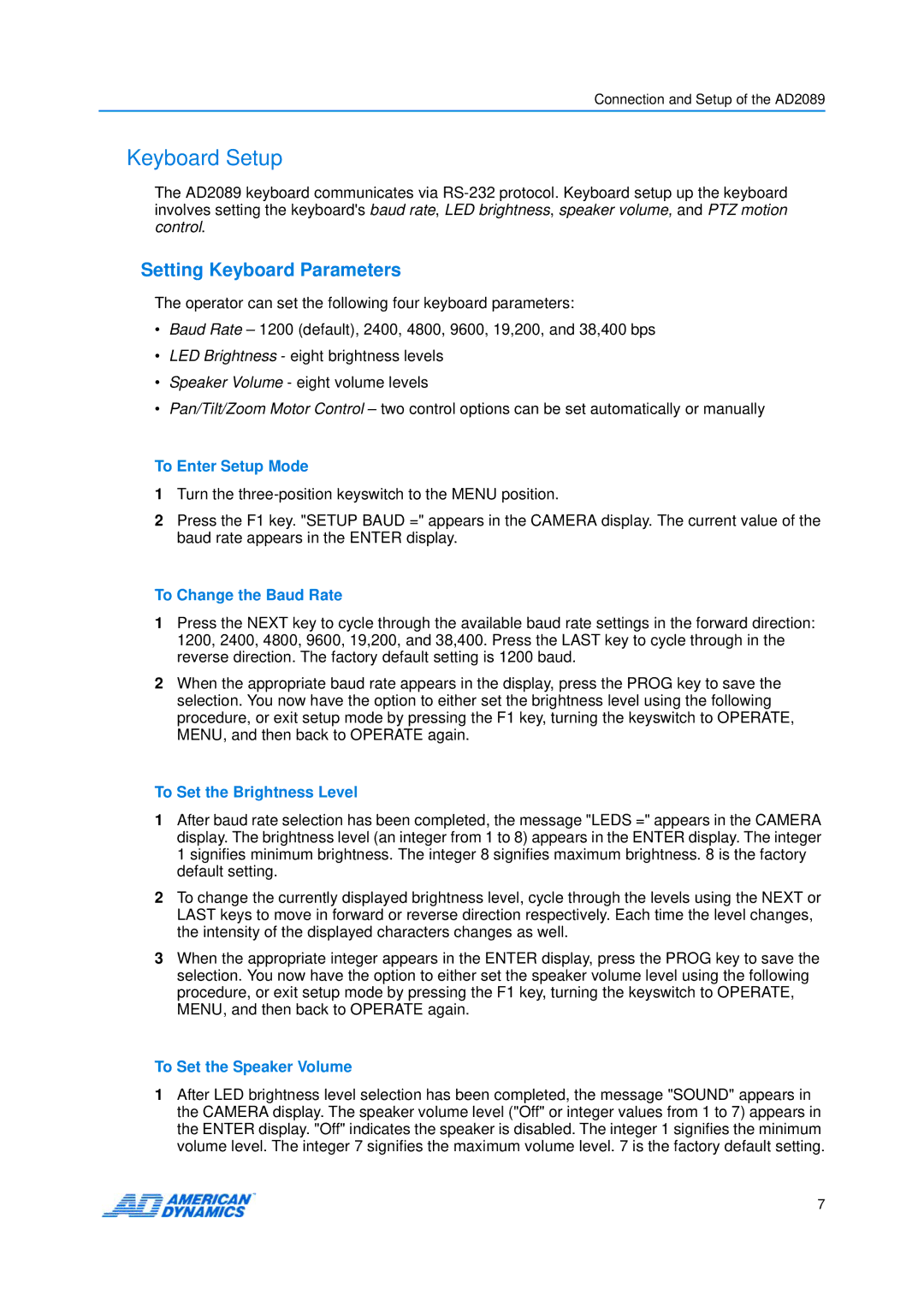 American Dynamics AD2089 manual Keyboard Setup, Setting Keyboard Parameters 