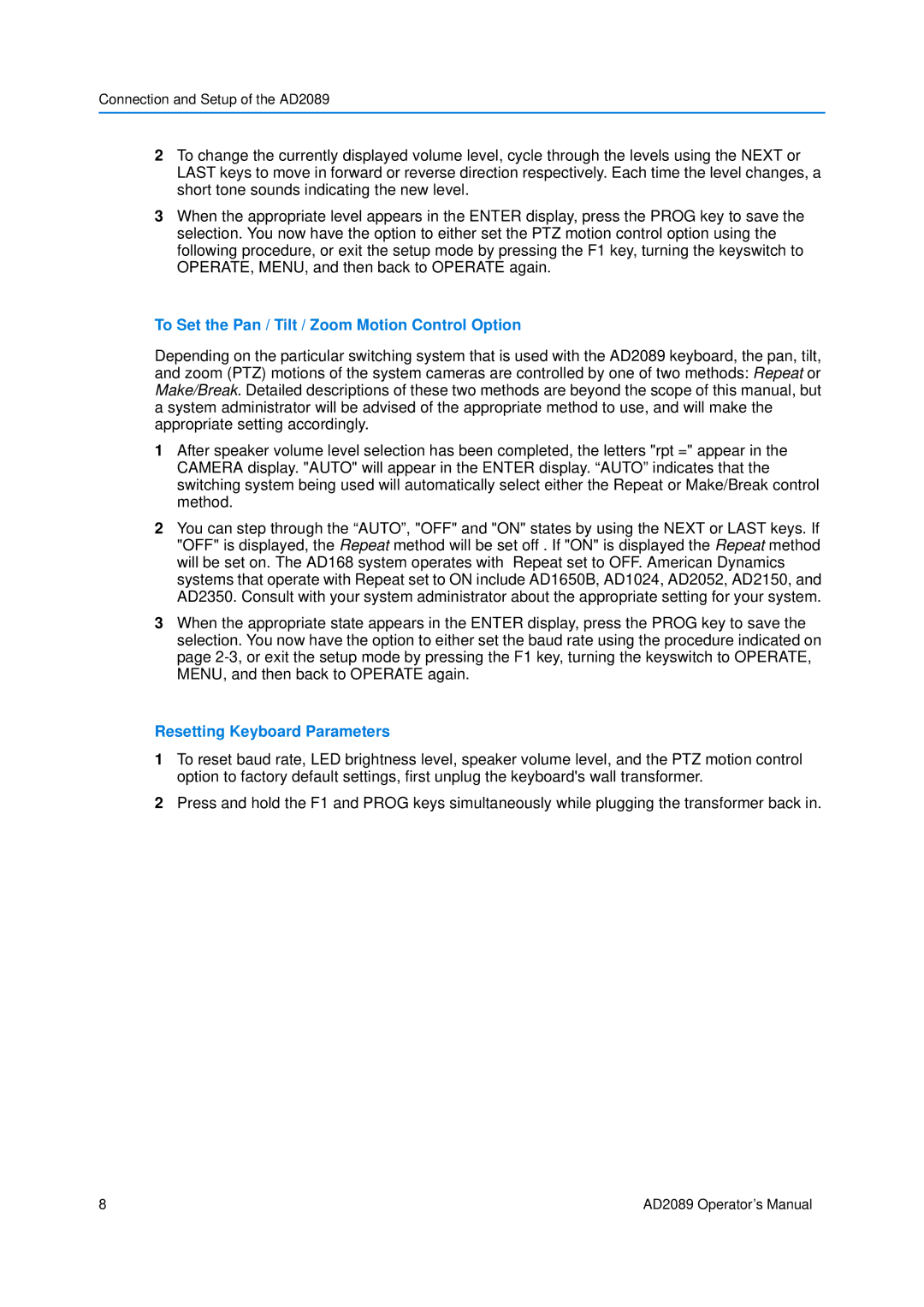 American Dynamics AD2089 manual To Set the Pan / Tilt / Zoom Motion Control Option, Resetting Keyboard Parameters 