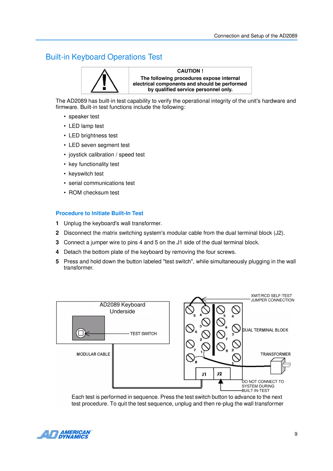 American Dynamics AD2089 manual Built-in Keyboard Operations Test, Procedure to Initiate Built-In Test 