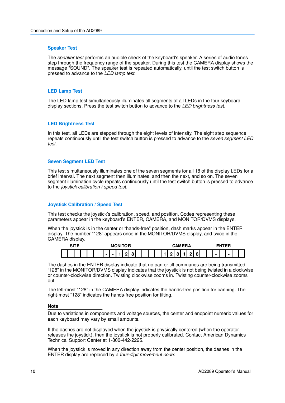 American Dynamics AD2089 manual Speaker Test, LED Lamp Test, LED Brightness Test, Seven Segment LED Test 