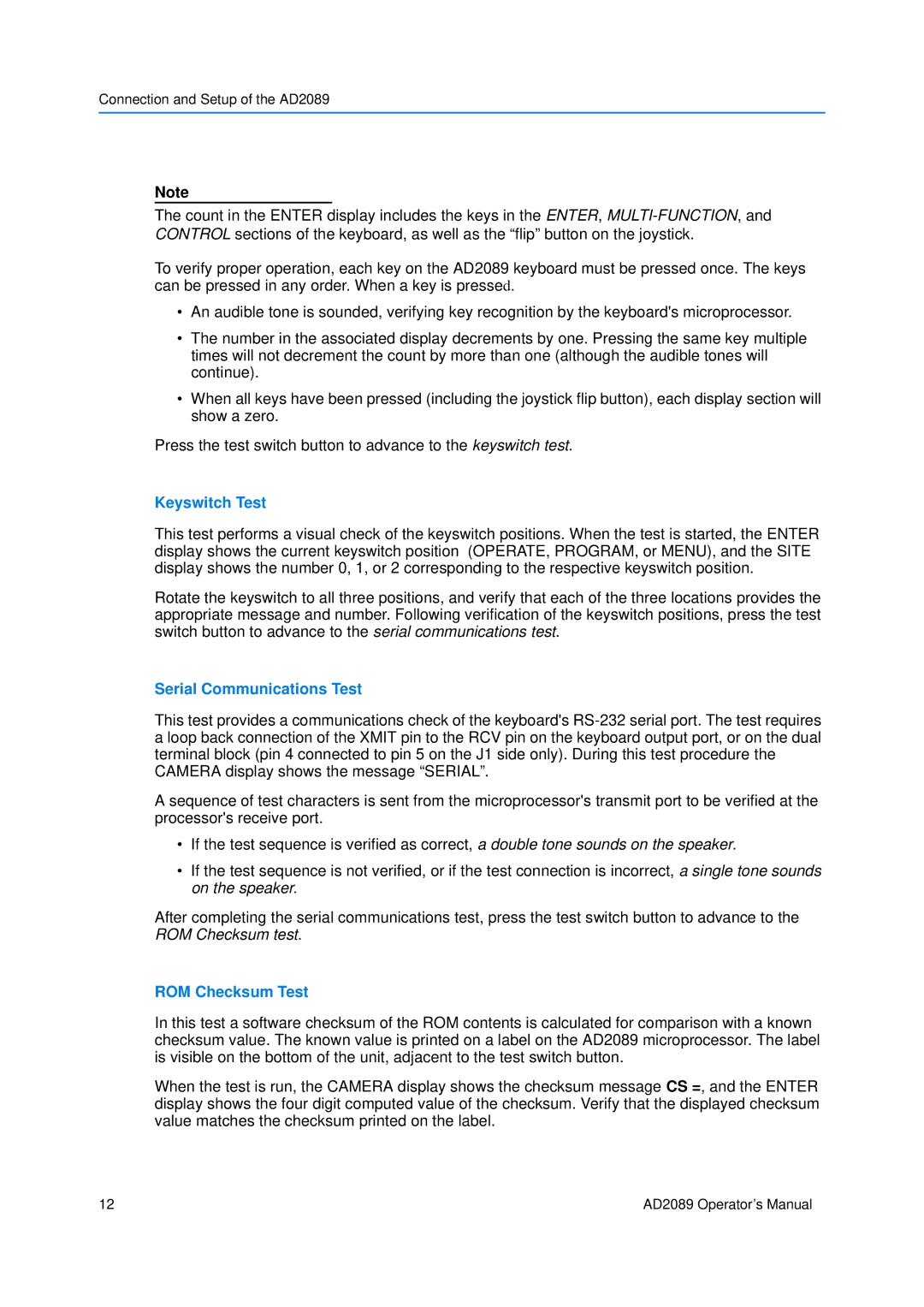 American Dynamics AD2089 manual Keyswitch Test, Serial Communications Test, ROM Checksum Test 