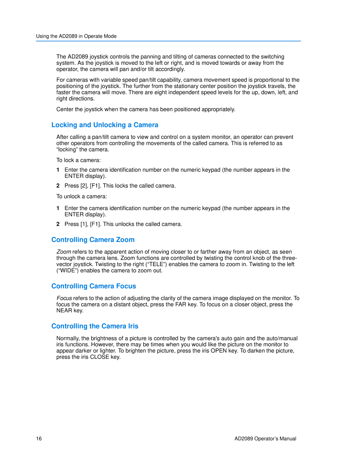 American Dynamics AD2089 manual Locking and Unlocking a Camera, Controlling Camera Zoom, Controlling Camera Focus 