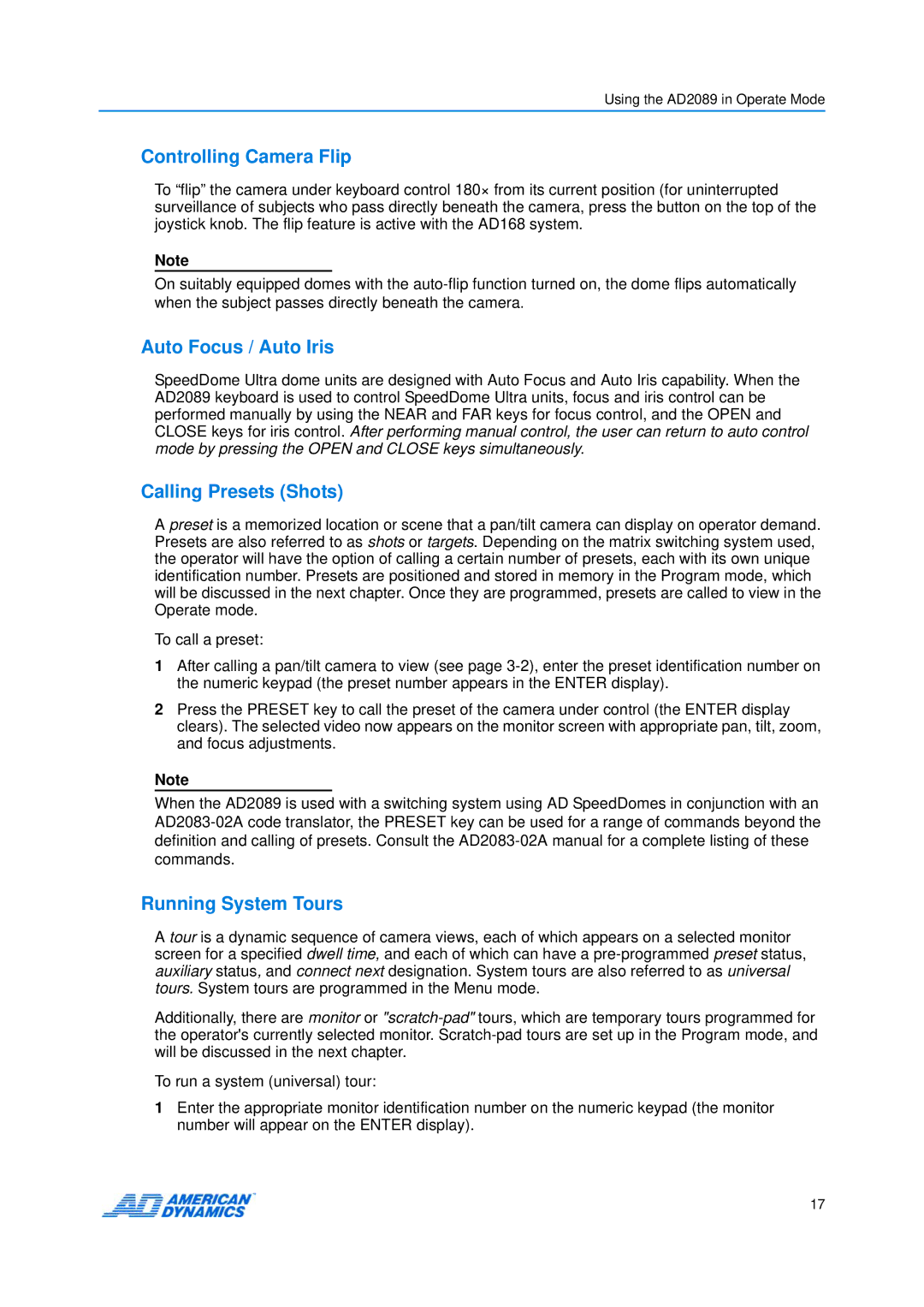 American Dynamics AD2089 Controlling Camera Flip, Auto Focus / Auto Iris, Calling Presets Shots, Running System Tours 