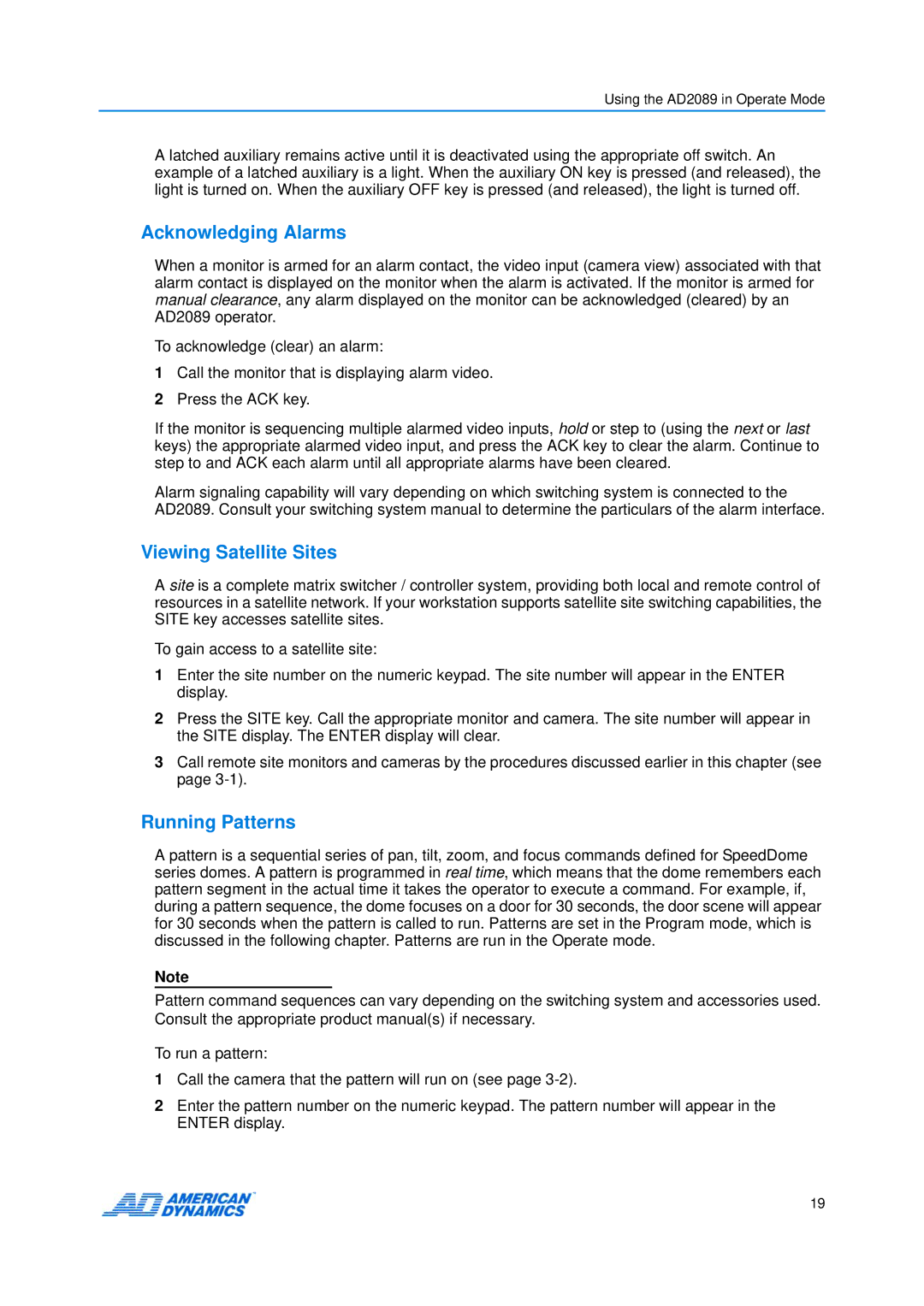 American Dynamics AD2089 manual Acknowledging Alarms, Viewing Satellite Sites, Running Patterns 