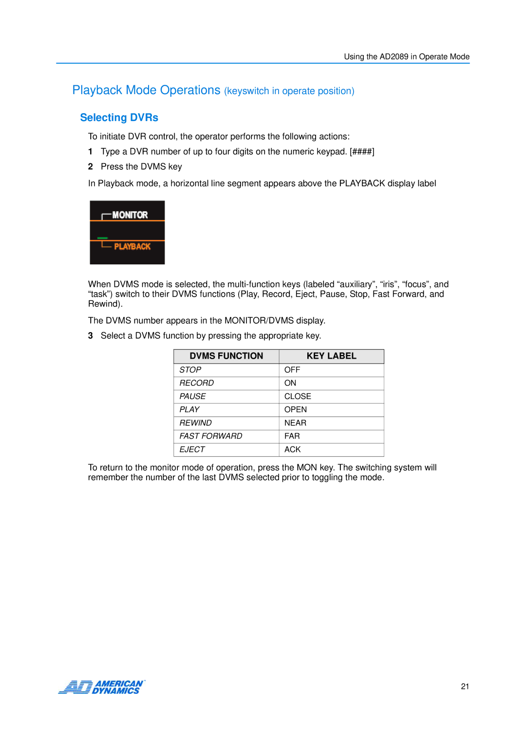 American Dynamics AD2089 manual Selecting DVRs, Dvms Function KEY Label 