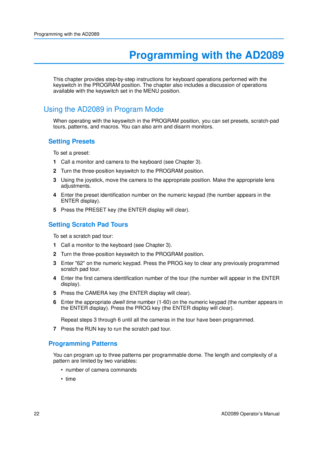 American Dynamics Programming with the AD2089, Using the AD2089 in Program Mode, Setting Presets, Programming Patterns 