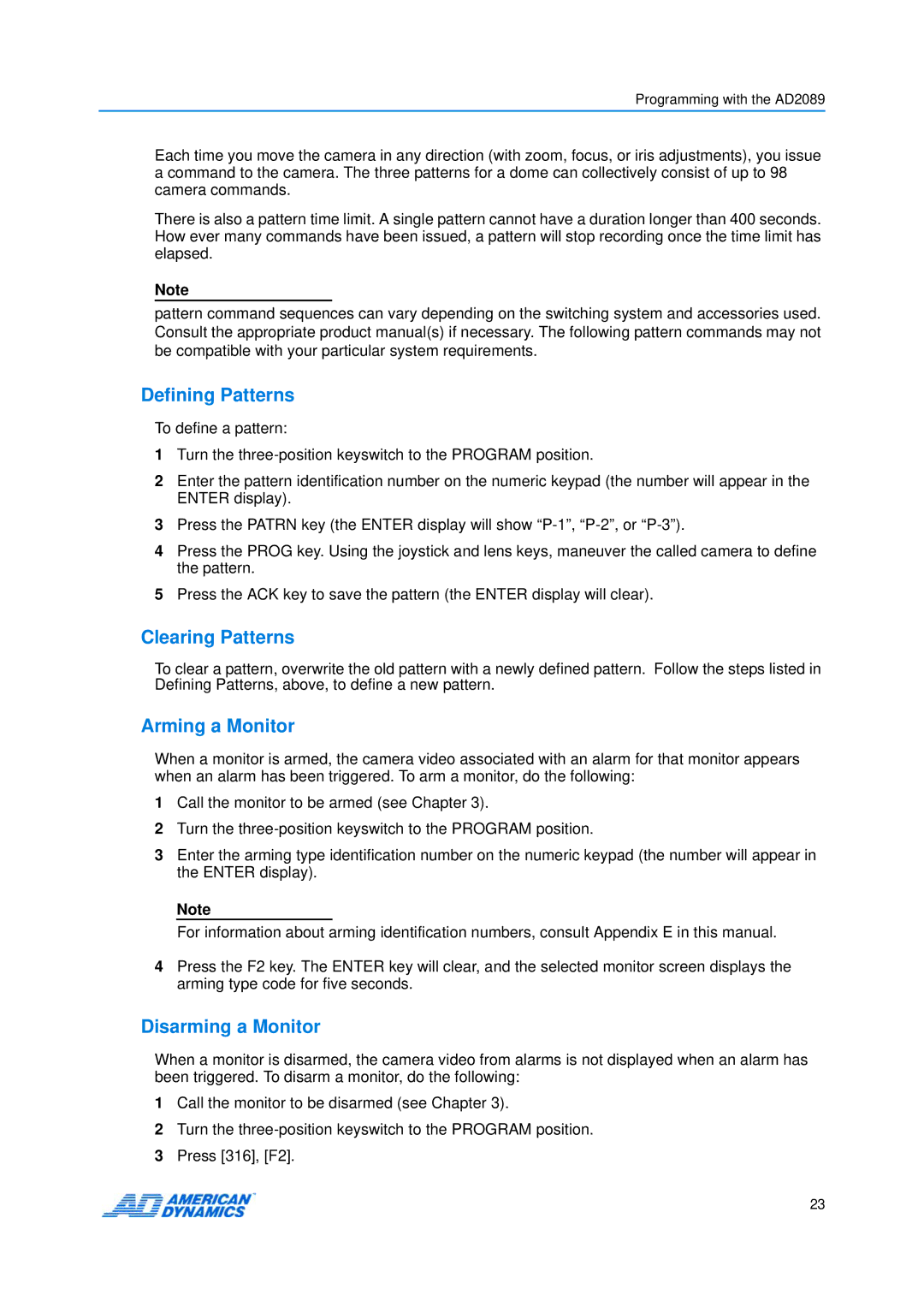 American Dynamics AD2089 manual Defining Patterns, Clearing Patterns, Arming a Monitor, Disarming a Monitor 