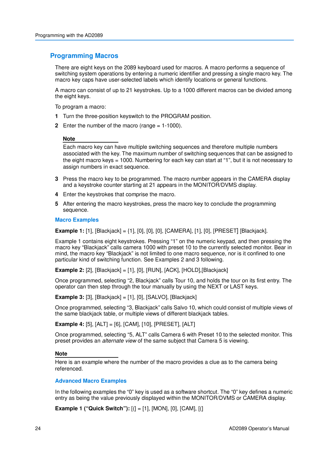 American Dynamics AD2089 manual Programming Macros, Advanced Macro Examples 