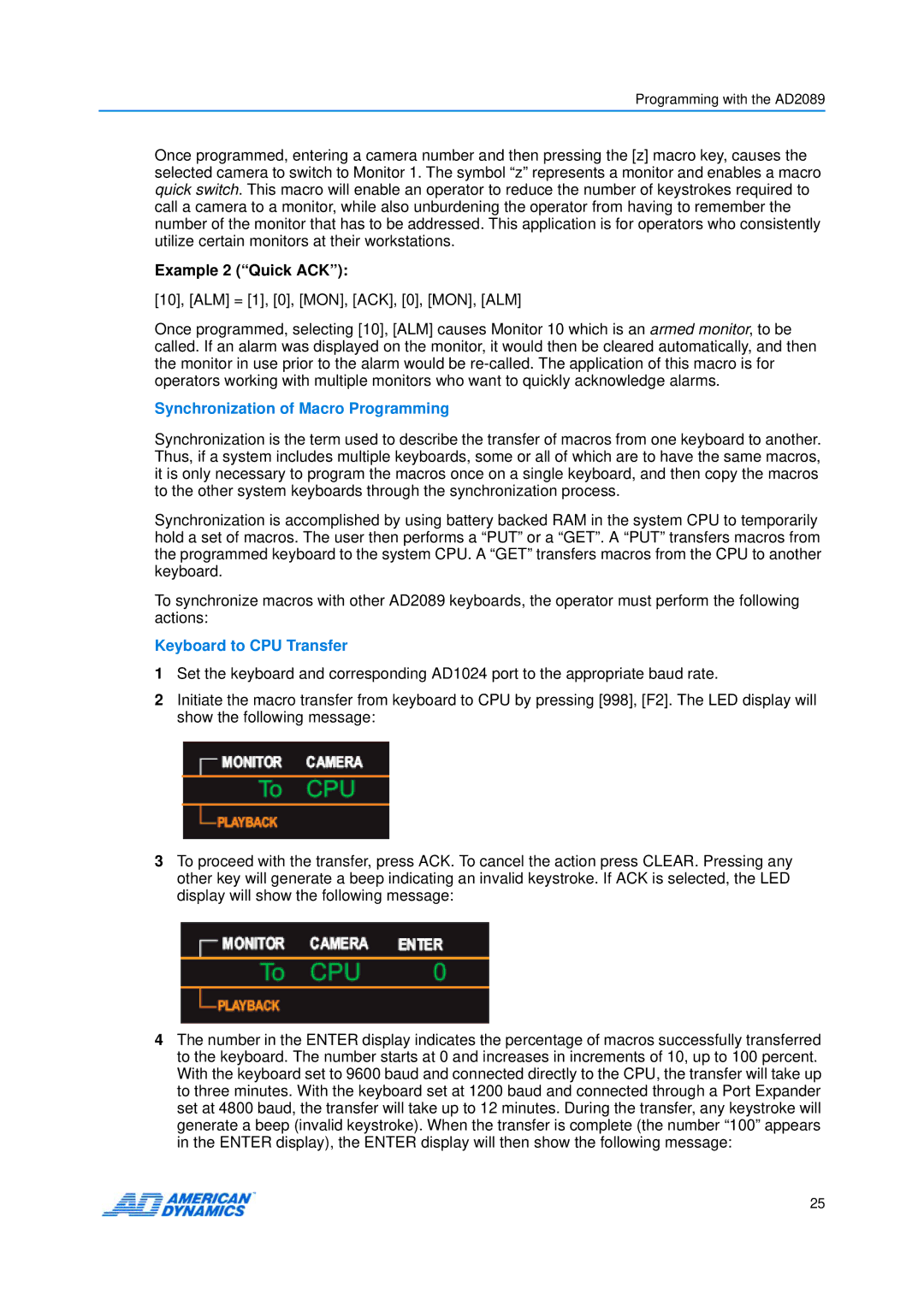 American Dynamics AD2089 manual Example 2 Quick ACK, Synchronization of Macro Programming, Keyboard to CPU Transfer 