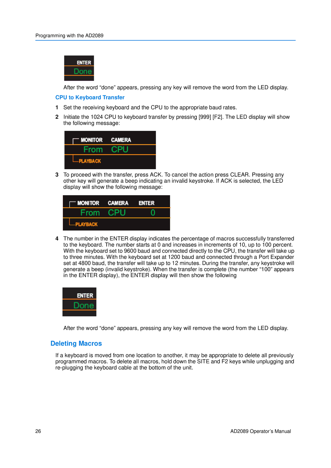 American Dynamics AD2089 manual Deleting Macros, CPU to Keyboard Transfer 