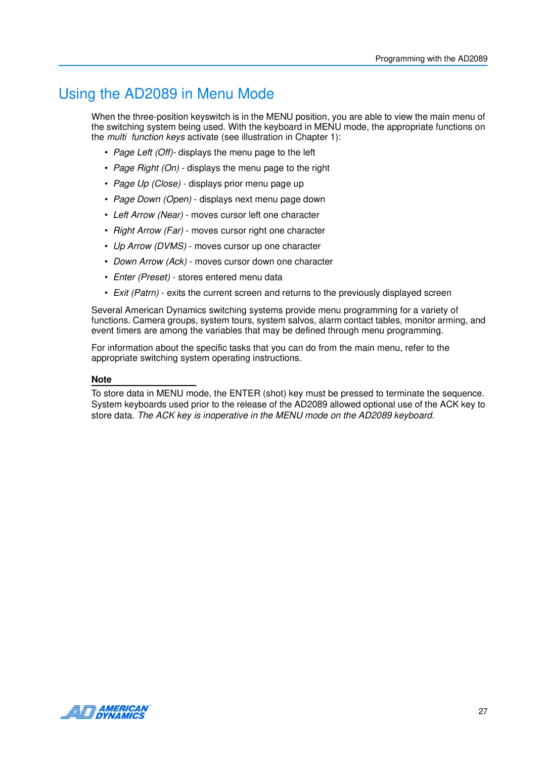 American Dynamics manual Using the AD2089 in Menu Mode 