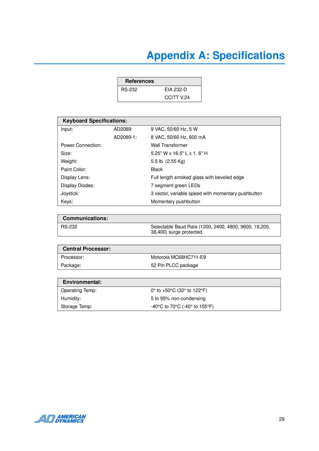 American Dynamics AD2089 manual References, Keyboard Specifications, Communications, Central Processor, Environmental 