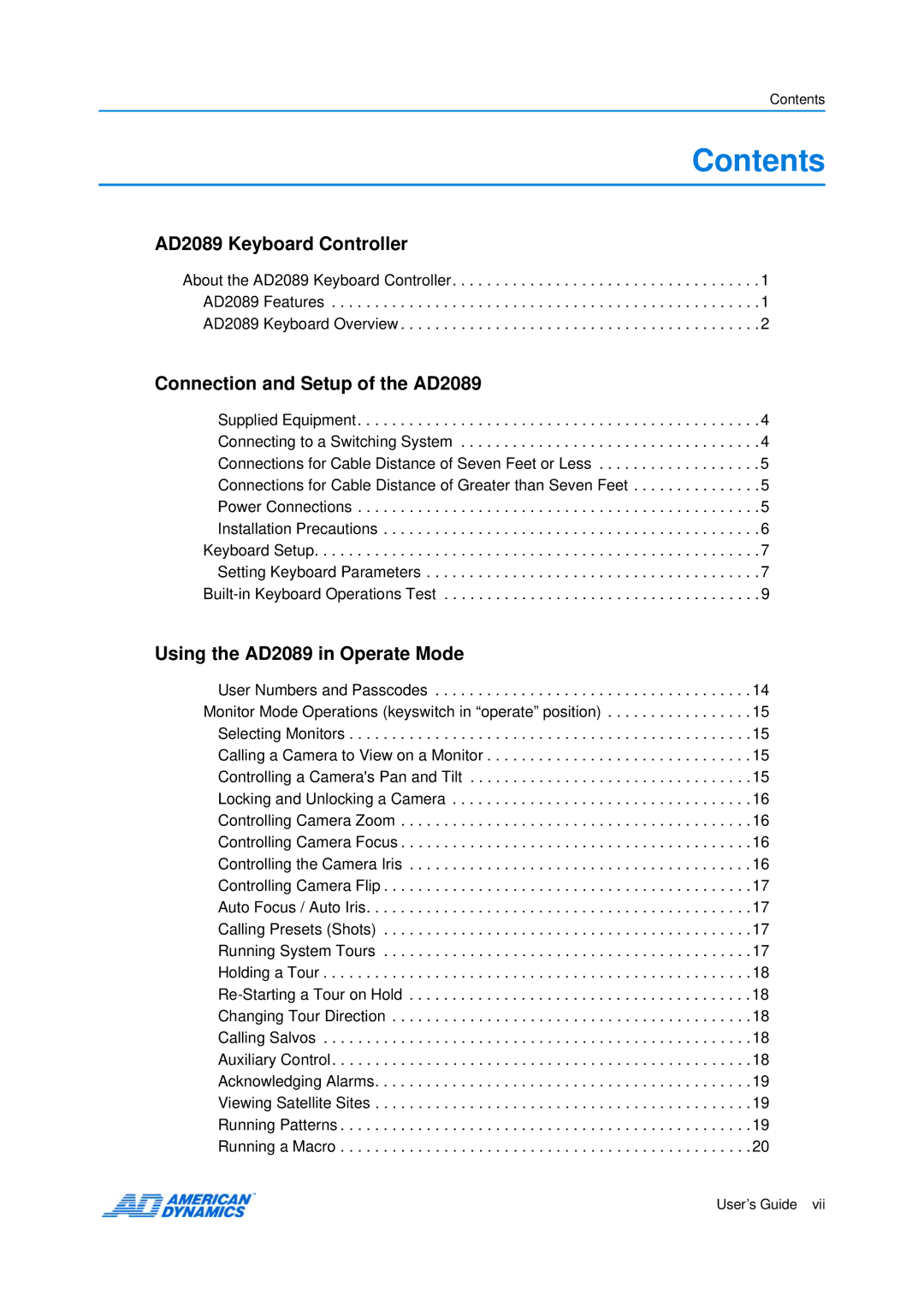 American Dynamics AD2089 manual Contents 