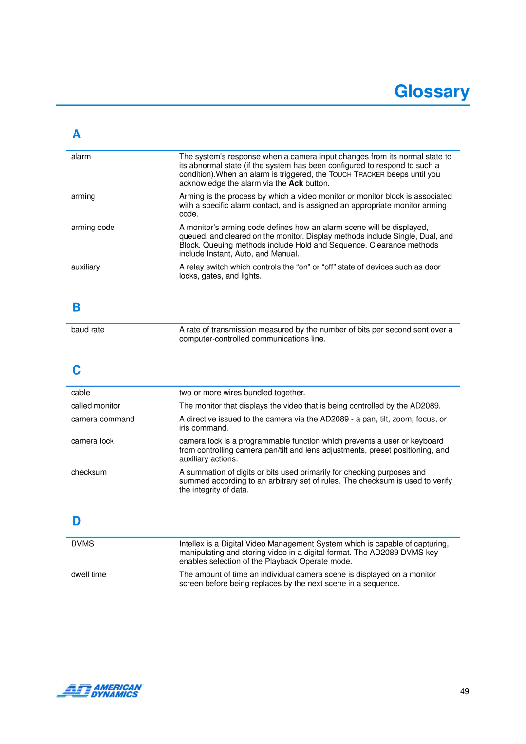 American Dynamics AD2089 manual Glossary 