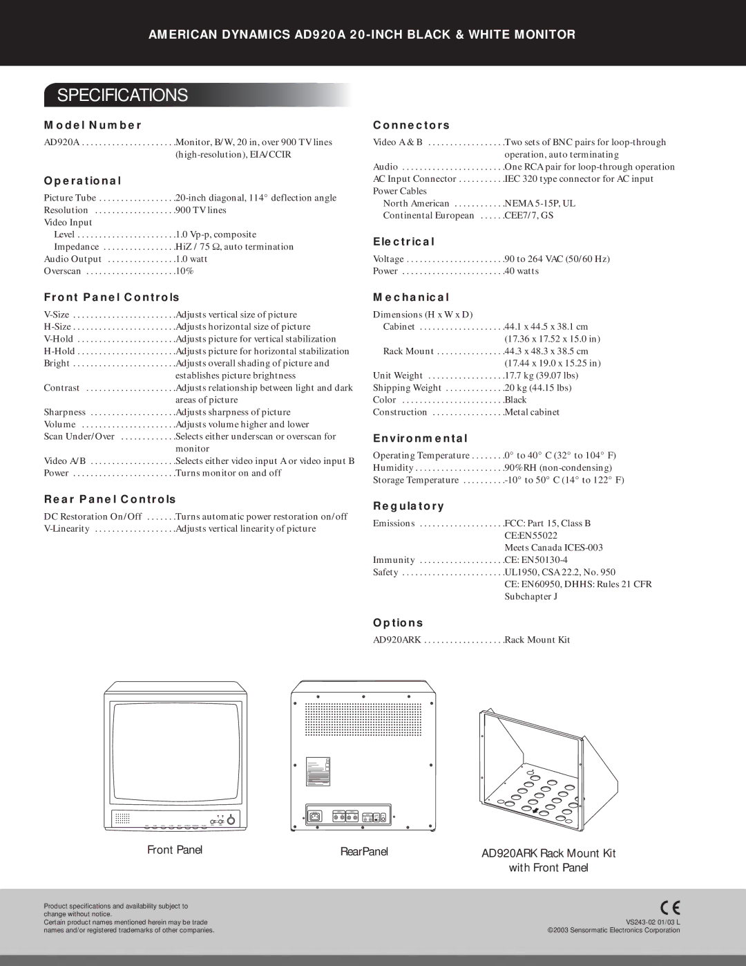 American Dynamics AD920A manual Specifications 