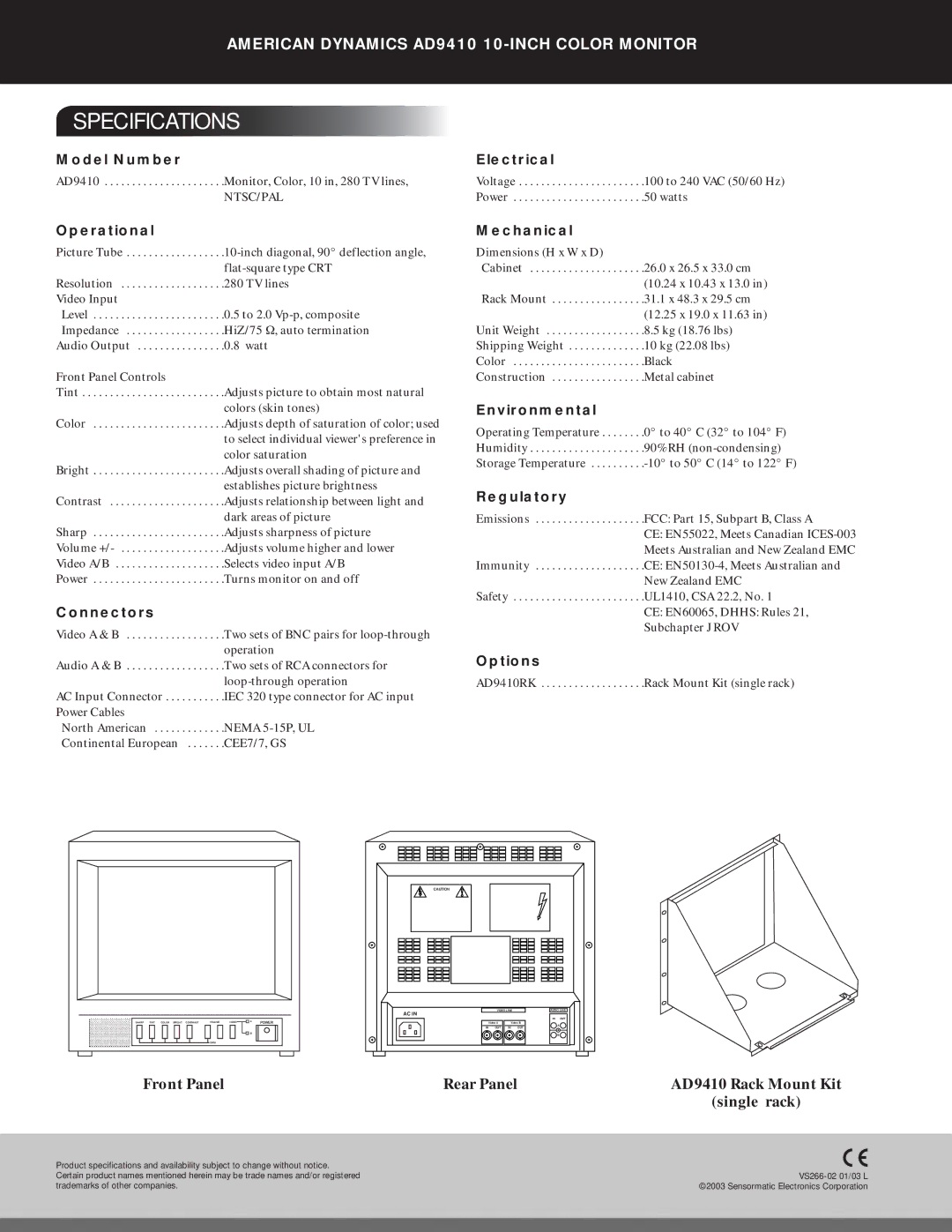 American Dynamics AD9410 manual Specifications 