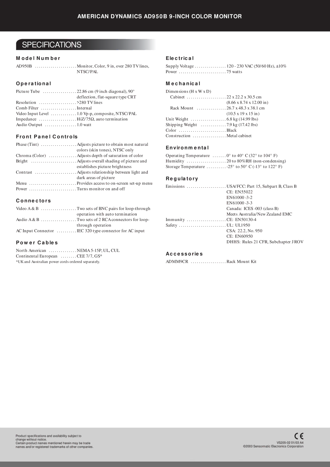 American Dynamics AD950B manual Specifications 