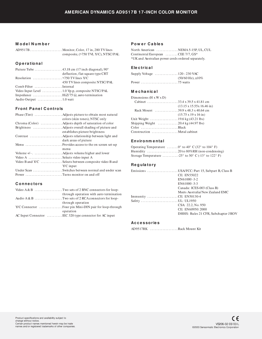 American Dynamics AD9517B manual Specifications 