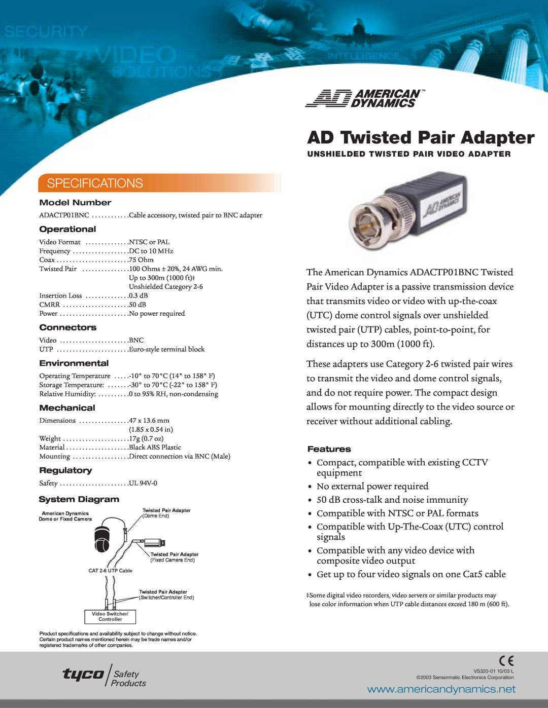American Dynamics ADACTP01BNC specifications AD Twisted Pair Adapter, Specifications 