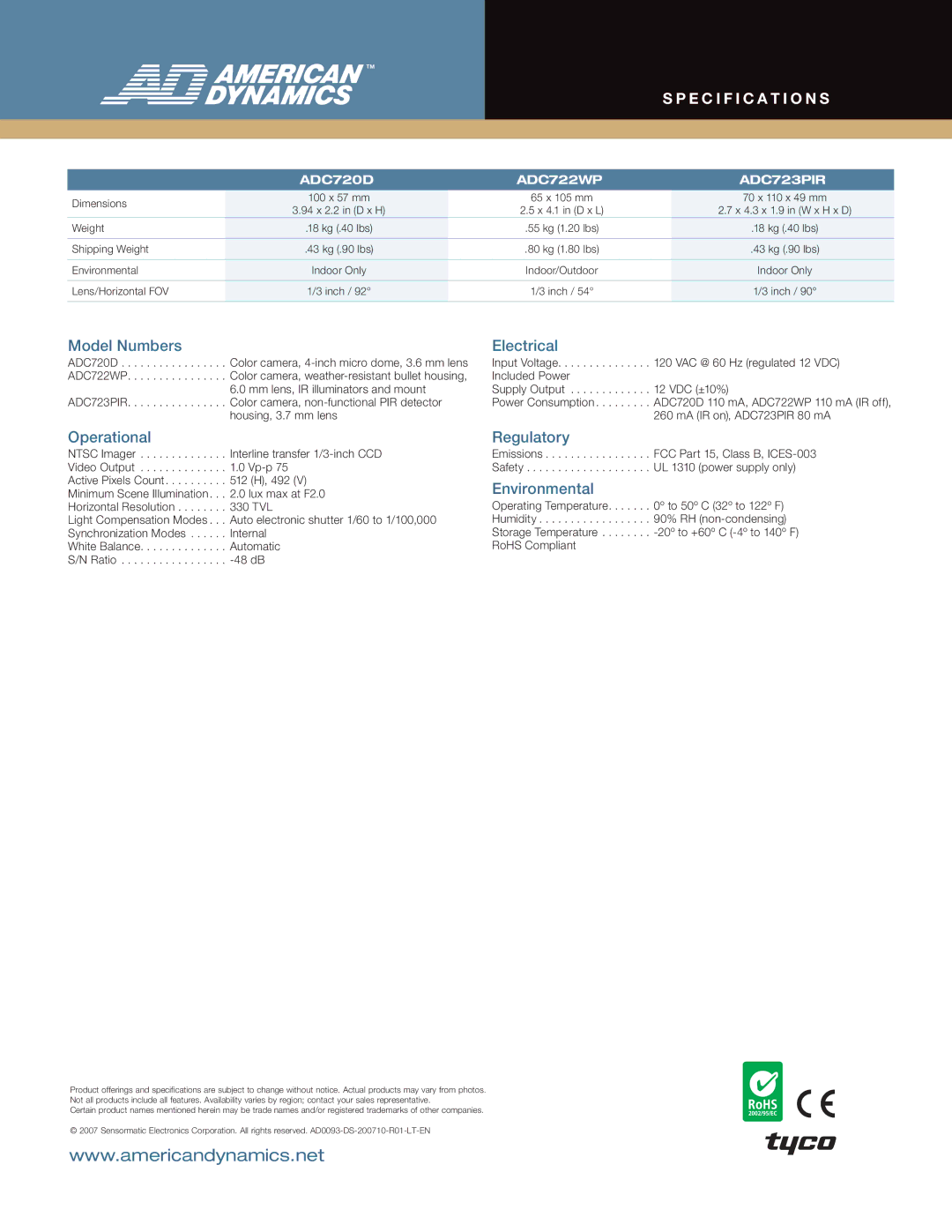 American Dynamics ADC720 Series manual Model Numbers Electrical, Operational, Regulatory, Environmental 